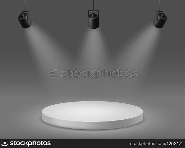 Podium with spotlights. Empty illuminated pedestal, 3d platform for ceremony award round show scene with studio simple projectors vector mockup. Podium with spotlights. Empty illuminated pedestal, 3d platform for ceremony award round show scene with studio projectors vector mockup