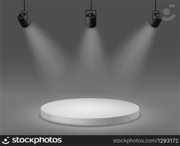 Podium with spotlights. Empty illuminated pedestal, 3d platform for ceremony award round show scene with studio simple projectors vector mockup. Podium with spotlights. Empty illuminated pedestal, 3d platform for ceremony award round show scene with studio projectors vector mockup