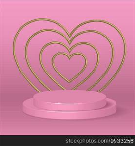 poduim 3d rendering abstract geometric shape pink pastel color.backdrop  for cosmetic product display. fashion beauty vector background with gold heart shape,illustration EPS10.