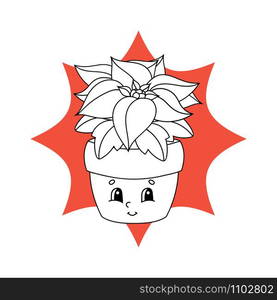 Poinsettia flower in a pot. Black and white coloring page for children. Cute cartoon character. Flat vector isolated illustration.