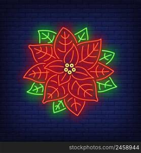 Poinsettia flower neon sign. Christmas and New Year Day decor design. Night bright neon sign, colorful billboard, light banner. Vector illustration in neon style.