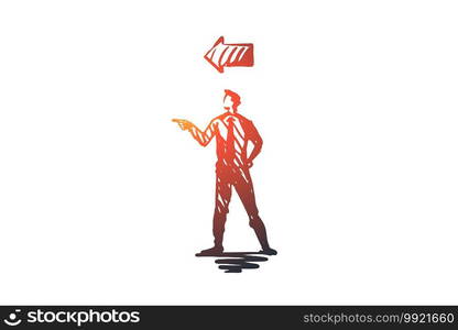 Point, man, gesture, direction, arm concept. Hand drawn person and arrow point concept sketch. Isolated vector illustration.. Point, man, gesture, direction, arm concept. Hand drawn isolated vector.