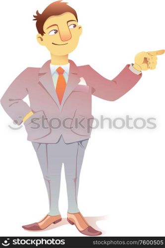 Point Out. The businessman is pointing the finger at something out of field of view.Editable vector EPS v9.0.