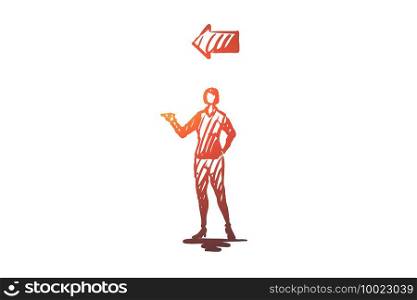 Point, woman, gesture, direction, arrow concept. Hand drawn female person and arrow point concept sketch. Isolated vector illustration.. Point, woman, gesture, direction, arrow concept. Hand drawn isolated vector.