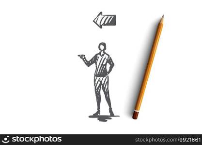 Point, woman, gesture, direction, arrow concept. Hand drawn female person and arrow point concept sketch. Isolated vector illustration.. Point, woman, gesture, direction, arrow concept. Hand drawn isolated vector.