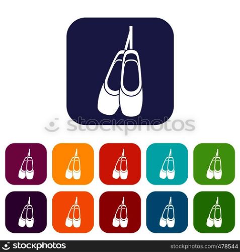 Pointe shoes icons set vector illustration in flat style in colors red, blue, green, and other. Pointe shoes icons set