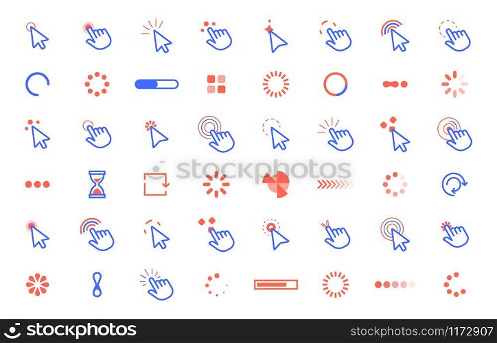 Pointer click icon. Web clicks pointer cursor, computer app interface static and dynamic loading cursors. Internet circle tools, selection or loading color vector isolated icons set. Pointer click icon. Web clicks pointer cursor, computer app interface static and dynamic loading cursors. Internet circle tools vector isolated set