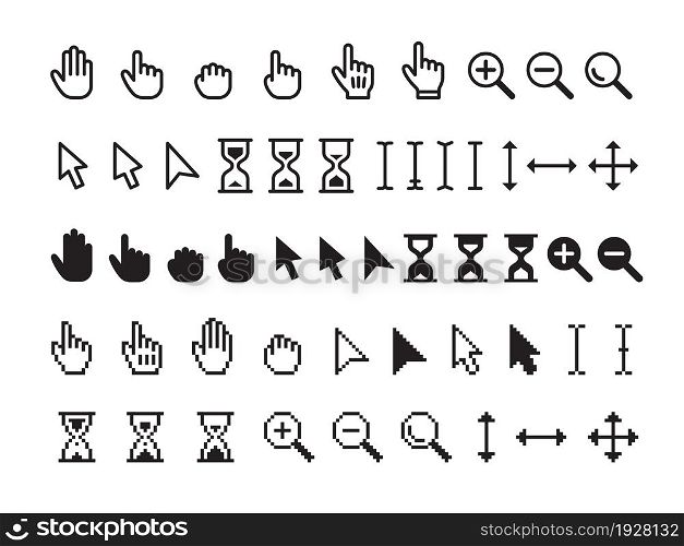 Pointer cursor icon. Sign pointers, computer web hand and arrows. Click mouse symbols, black search, select and grabbing tidy vector collection. Illustration of cursor and click, pointer interface. Pointer cursor icon. Sign pointers, computer web hand and arrows. Click mouse symbols, black search, select and grabbing tidy vector collection