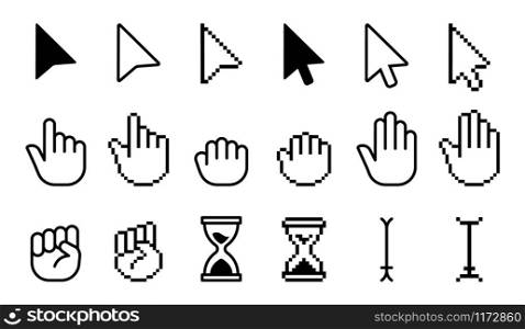 Pointer cursor icons. Computer web arrows mouse cursors and clicking line pointer cursor selecting. Pixel hand, pointer hand, arrow and hourglass logo vector isolated icons set. Pointer cursor icons. Computer web arrows mouse cursors and clicking line pointer cursor selecting. Pixel hand vector isolated set