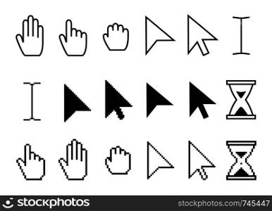 Pointer cursor icons. Web arrows cursors, mouse clicking and grab hand pixel icon. Computer pointers, internet cursor click. Vector isolated symbols collection. Pointer cursor icons. Web arrows cursors, mouse clicking and grab hand pixel icon vector collection