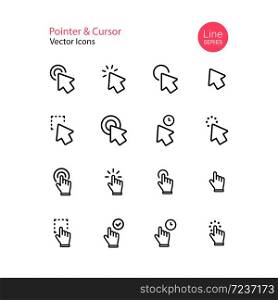 Pointer cursor line icon set. Computer mouse, click, arrow, touch gesture, selection, finger. Vector on isolated white background. Eps 10.. Pointer cursor line icon set. Computer mouse, click, arrow, touch gesture, selection, finger. Vector on isolated white background. Eps 10