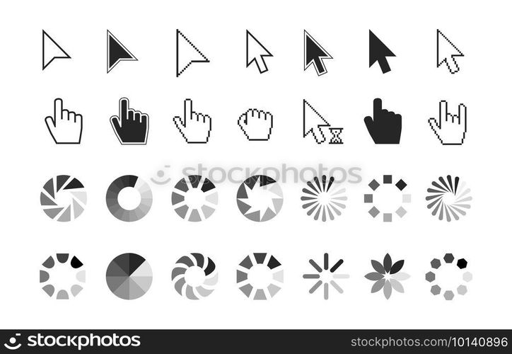 Pointer icons. hand cursor click, wait loading sign. Computer and website interface elements. Line and pixel cursors, black arrows and hands vector set. Click pointer cursor, point aiming illustration. Pointer icons. hand cursor click, wait loading sign. Computer and website interface elements. Line and pixel cursors, black arrows and hands vector set