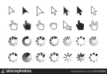 Pointer icons. hand cursor click, wait loading sign. Computer and website interface elements. Line and pixel cursors, black arrows and hands vector set. Click pointer cursor, point aiming illustration. Pointer icons. hand cursor click, wait loading sign. Computer and website interface elements. Line and pixel cursors, black arrows and hands vector set
