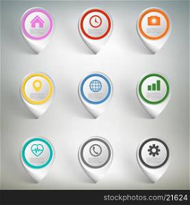 Pointer marks set. Colorful icon templates on gray background, infographic business vector elements.