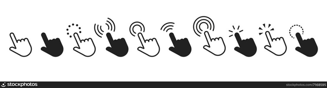 Pointers clicking with hand vector isolated set of icons. Vector hand cursors concept. White hand cursor pointer icon. Sign symbol. EPS 10