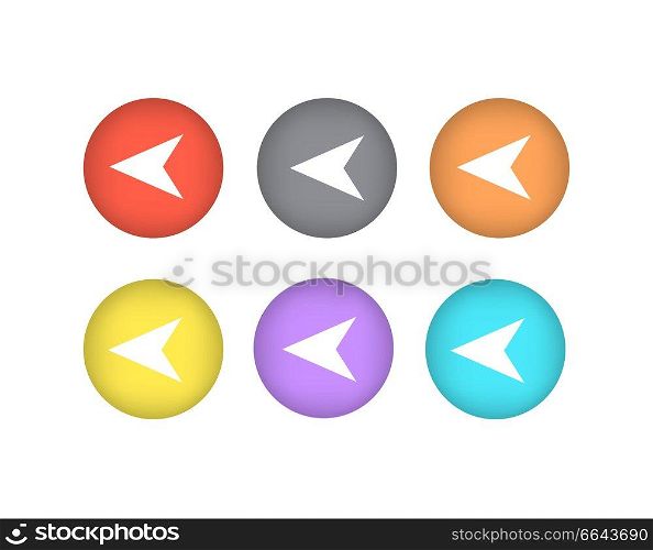 Pointers directed to left icons in colorful circles vector illustration with indicators isolated on white background, infographic arrows in flat style. Pointers Directed to Left Iand Right Icons Circle
