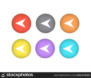 Pointers directed to left icons in colorful circles vector illustration with indicators isolated on white background, infographic arrows in flat style. Pointers Directed to Left Iand Right Icons Circle