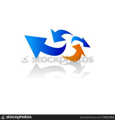 Pointers in chaotic movement isolated arrows. Vector blue and orange indicators with shadow. Chaotic navigation of arrows or pointers isolated