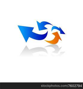 Pointers in chaotic movement isolated arrows. Vector blue and orange indicators with shadow. Chaotic navigation of arrows or pointers isolated