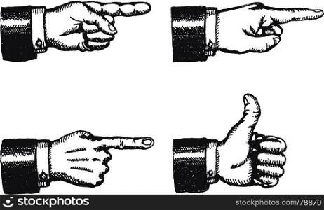 Pointing Finger And Thumbs Up Sign. Illustration of a sketched set of businessman black hands with index finger pointing, and giving a thumbs up, isolated on white