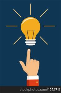 Pointing finger on bulb. Concept of big idea. Vector illustration in flat design. Isolated on background. . Vector illustration in flat design. Isolated on background. Pointing finger on bulb. Concept of big idea.