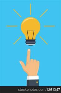 Pointing finger on bulb. Concept of big idea. Vector illustration in flat design. Isolated on background. . Vector illustration in flat design. Isolated on background. Pointing finger on bulb. Concept of big idea.