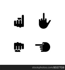 Pointing fingers and fist black glyph icons set on white space. Hand gestures usage. Body language performance. Silhouette symbols. Solid pictogram pack. Vector isolated illustration. Pointing fingers and fist black glyph icons set on white space