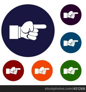 Pointing hand gesture icons set in flat circle reb, blue and green color for web. Pointing hand gesture icons set