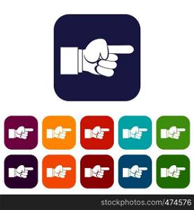 Pointing hand gesture icons set vector illustration in flat style In colors red, blue, green and other. Pointing hand gesture icons set