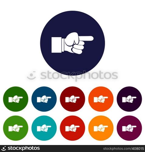 Pointing hand gesture set icons in different colors isolated on white background. Pointing hand gesture set icons