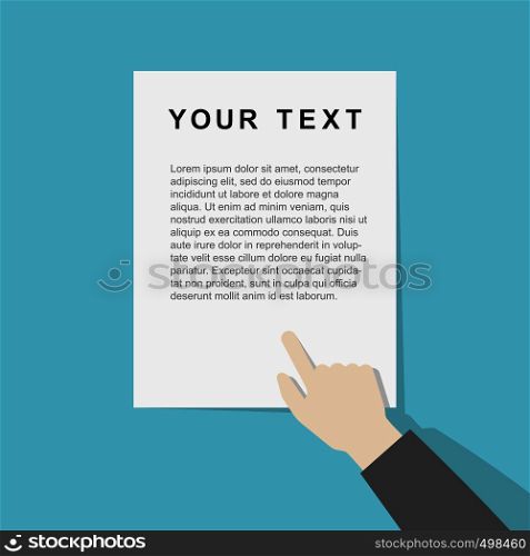 Pointing hand with template document in flat style.. Pointing hand with template document