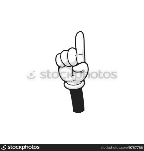 Pointing up index finger, hand in glove attention gesture isolated cartoon icon. Vector forefinger pointer calling to look here above or on top, nonverbal communication sign, raised forefinger up. Hand in glove gesture with raised index finger up
