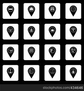Points of interest icons set in white squares on black background simple style vector illustration. Points of interest icons set squares vector