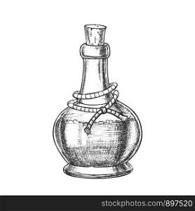 Poison Bottle With Cork Cap Monochrome Vector. Glass Bottle With Planted Yarn And Toxic Mixture. Poisonous Liquid In Flask Template Hand Drawn In Vintage Style Black And White Illustration. Poison Bottle With Cork Cap Monochrome Vector