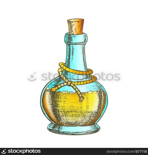 Poison Bottle With Cork Cap Vector. Glass Bottle With Planted Yarn And Toxic Mixture. Poisonous Liquid In Flask Template Hand Drawn In Vintage Style Color Illustration. Poison Bottle With Cork Cap Color Vector