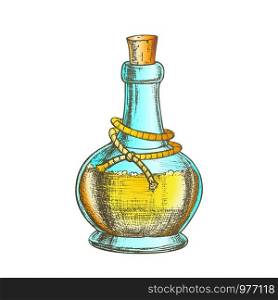 Poison Bottle With Cork Cap Vector. Glass Bottle With Planted Yarn And Toxic Mixture. Poisonous Liquid In Flask Template Hand Drawn In Vintage Style Color Illustration. Poison Bottle With Cork Cap Color Vector
