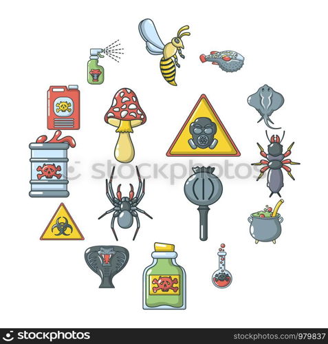 Poison danger toxic icons set. Cartoon illustration of 16 poison danger toxic vector icons for web. Poison danger toxic icons set, cartoon style