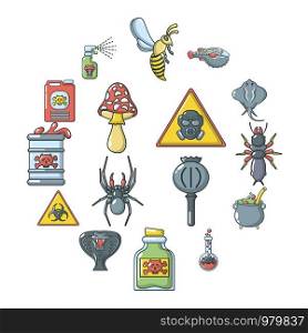 Poison danger toxic icons set. Cartoon illustration of 16 poison danger toxic vector icons for web. Poison danger toxic icons set, cartoon style