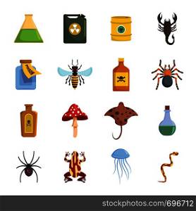 Poison danger toxic icons set. Flat illustration of 16 poison danger toxic vector icons for web. Poison danger toxic icons set, flat style