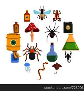 Poison danger toxic icons set. Flat illustration of 16 poison danger toxic vector icons for web. Poison danger toxic icons set, flat style
