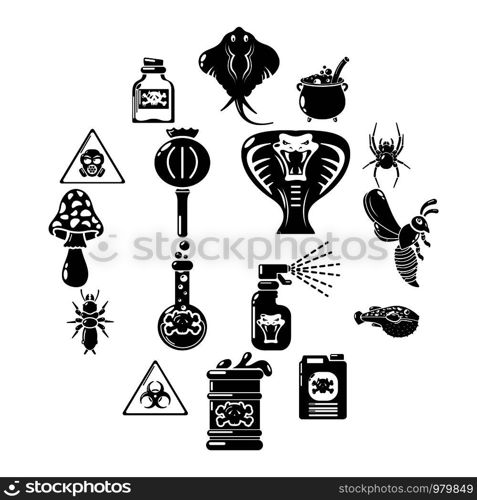 Poison danger toxic icons set. Simple illustration of 16 poison danger toxic vector icons for web. Poison danger toxic icons set, simple style