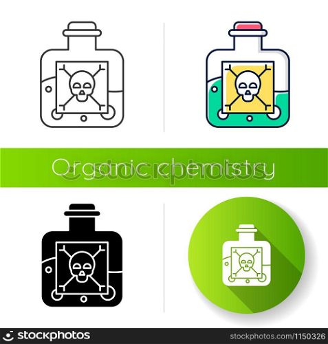 Poison icon. Hazardous chemicals. Green poison in bottle. Organic chemistry. Poisonous and harmful substance. Flat design, linear, black and color styles. Isolated vector illustrations