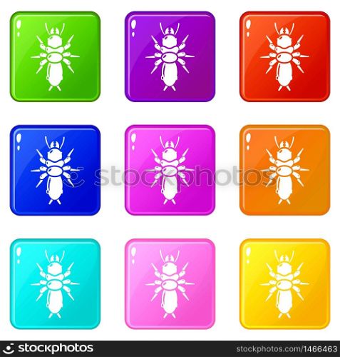 Poison insect icons set 9 color collection isolated on white for any design. Poison insect icons set 9 color collection