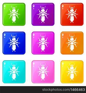 Poison insect icons set 9 color collection isolated on white for any design. Poison insect icons set 9 color collection