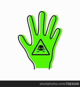 Poisoning a person. Intoxication of limbs. Contour silhouette of hand with poison icon and green silhouette on white background. Danger of exposure. Vector object for icons, logos, infographics. Poisoning a person. Intoxication of limbs. Contour silhouette of hand with poison icon and green silhouette on white background. Danger of exposure. Vector object