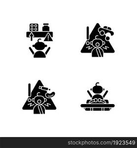 Poisoning and suffocation prevention black glyph icons set on white space. Choking hazard food and toys. Child safety at home. Accident precaution. Silhouette symbols. Vector isolated illustration. Poisoning and suffocation prevention black glyph icons set on white space