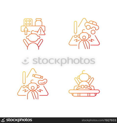 Poisoning and suffocation prevention gradient linear vector icons set. Choking hazard food and toys. Accident precaution. Thin line contour symbols bundle. Isolated outline illustrations collection. Poisoning and suffocation prevention gradient linear vector icons set