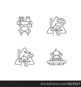 Poisoning and suffocation prevention linear icons set. Choking hazard food and toys. Child safety. Customizable thin line contour symbols. Isolated vector outline illustrations. Editable stroke. Poisoning and suffocation prevention linear icons set