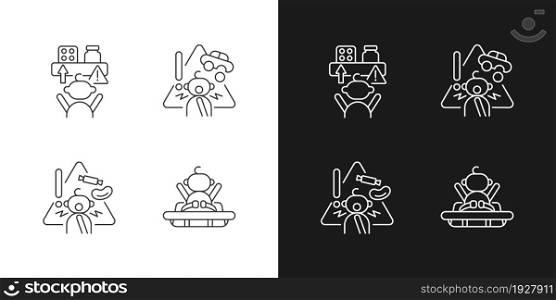 Poisoning and suffocation prevention linear icons set for dark and light mode. Choking hazard food and toys. Customizable thin line symbols. Isolated vector outline illustrations. Editable stroke. Poisoning and suffocation prevention linear icons set for dark and light mode