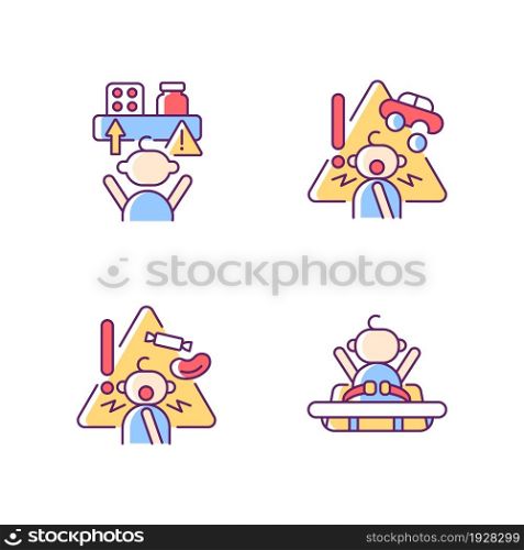 Poisoning and suffocation prevention RGB color icons set. Choking hazard food and toys. Child safety at home. Accident precaution. Isolated vector illustrations. Simple filled line drawings collection. Poisoning and suffocation prevention RGB color icons set